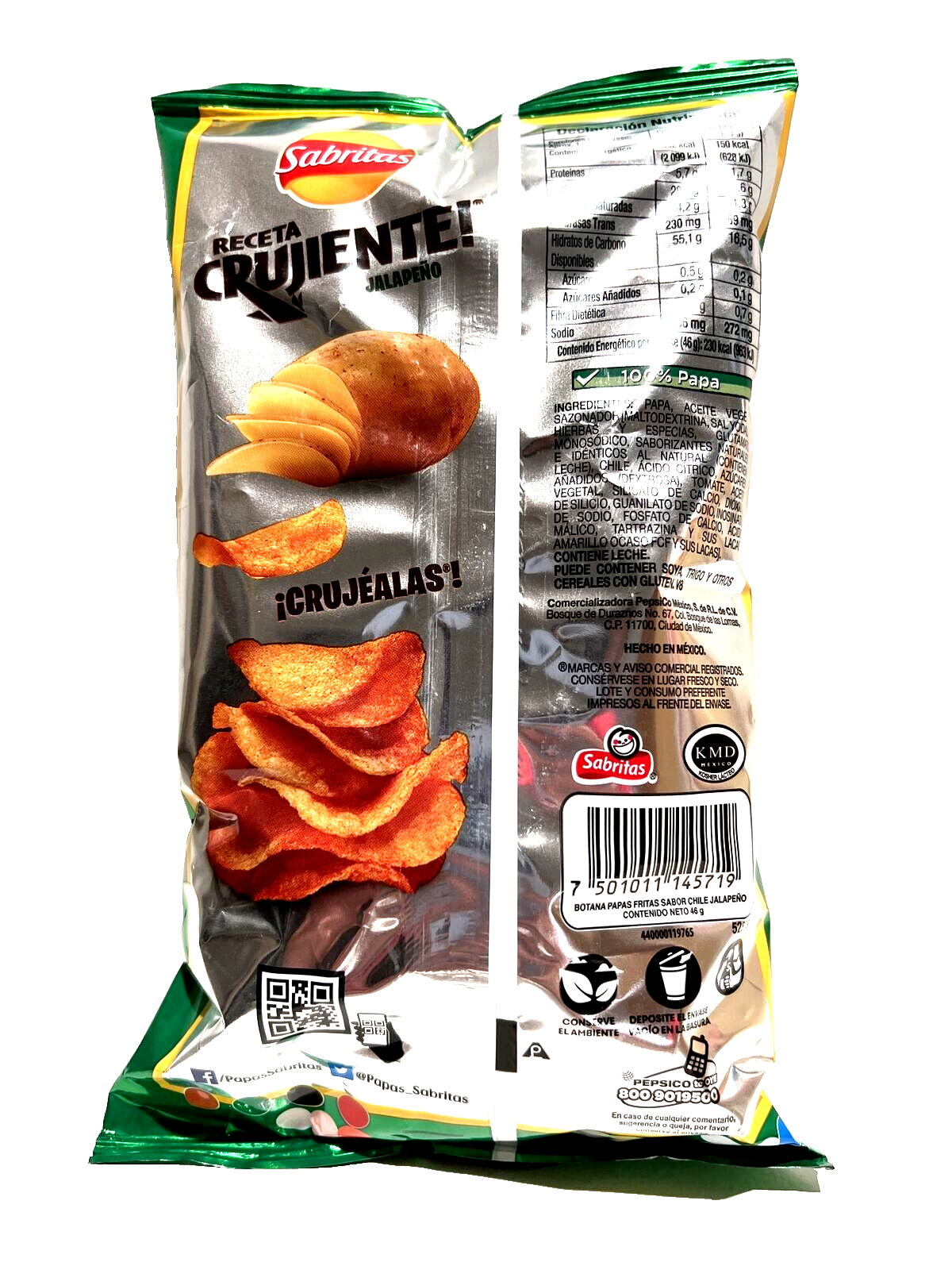 6-Pk Sabritas Receta Crujiente Jalapeño Potato Chips 46gr/1.58oz ea.