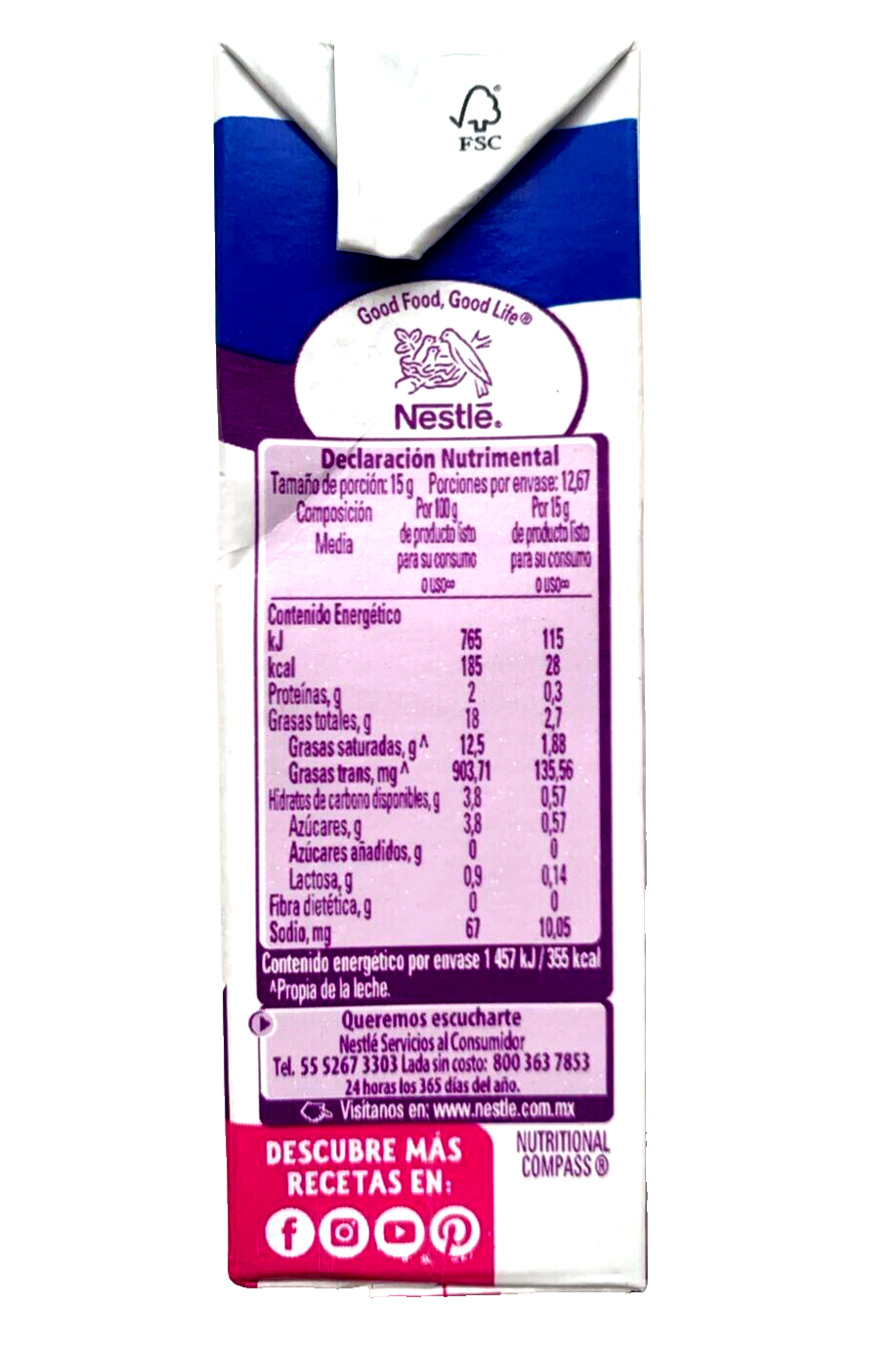 6-Pack Nestle Table Cream Non Lactose / Media Crema Deslactosada 190g / 6.7oz