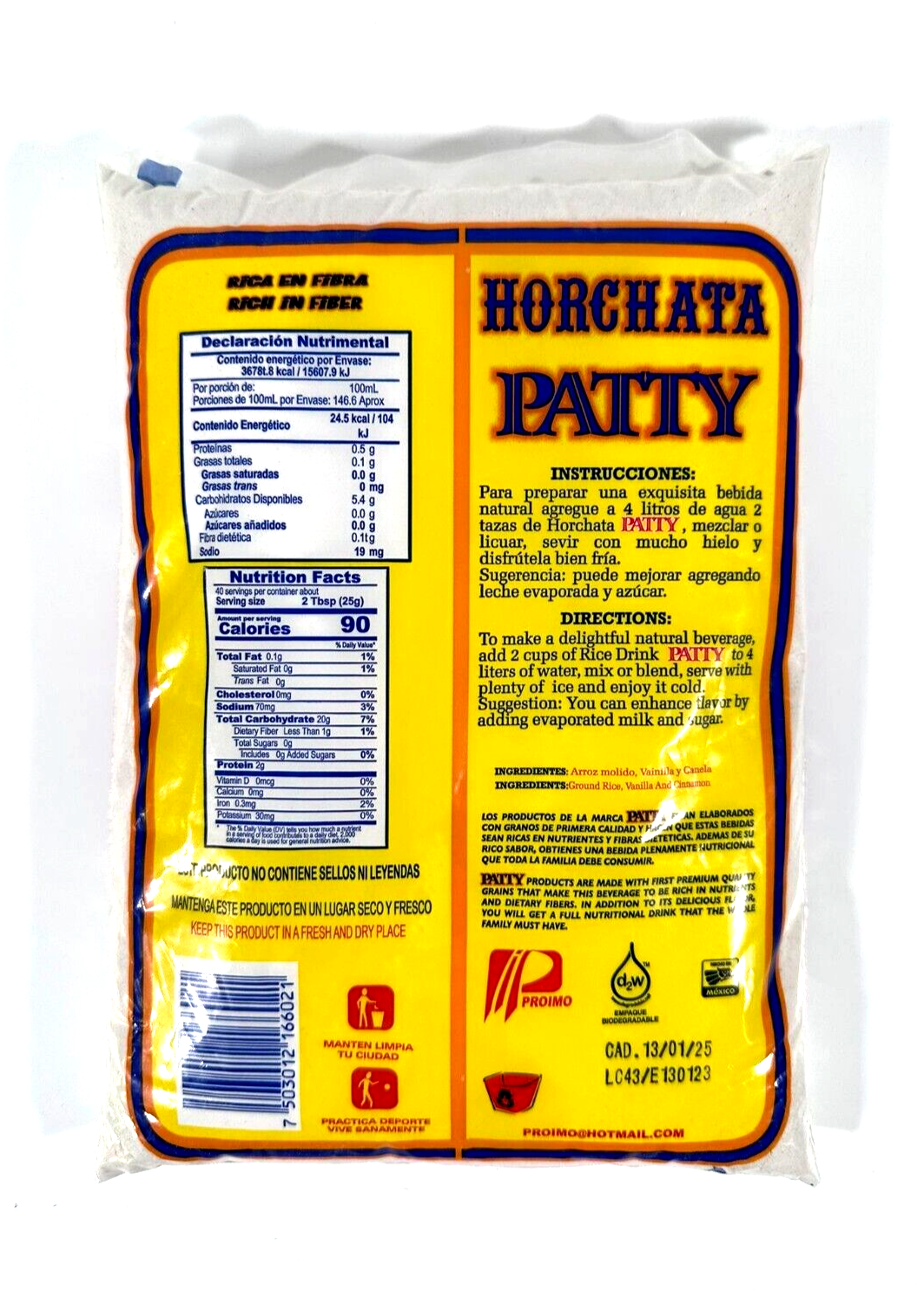 Horchata Patty Traditional Rice Drink/ 1Kg/35.2 Oz  (Makes 151 servings!)