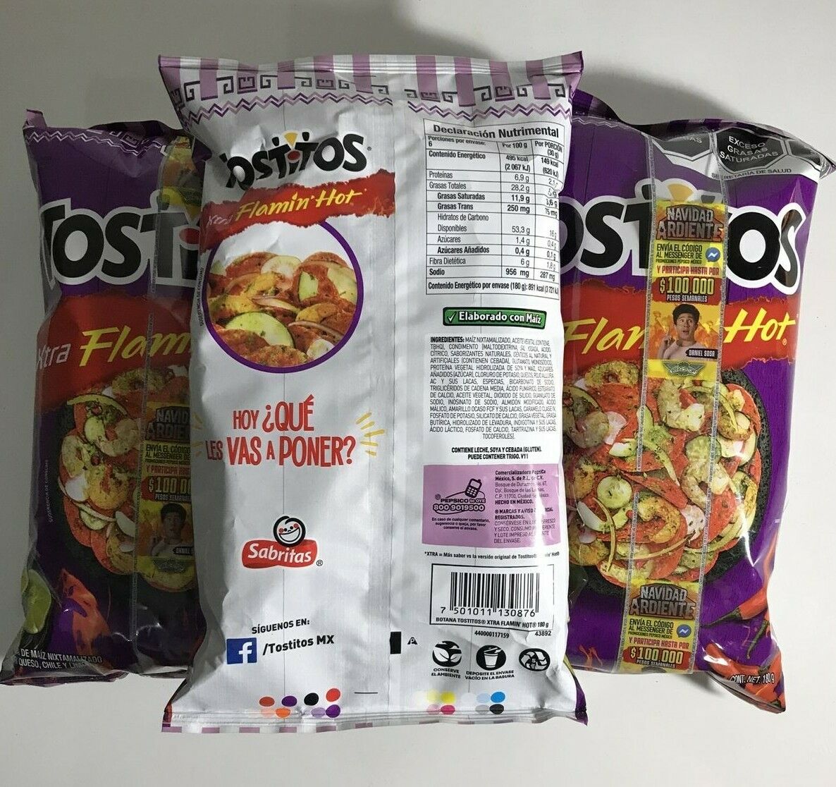 3-Pk Sabritas Tostitos XTRA FLAMIN HOT 180g/6.3oz