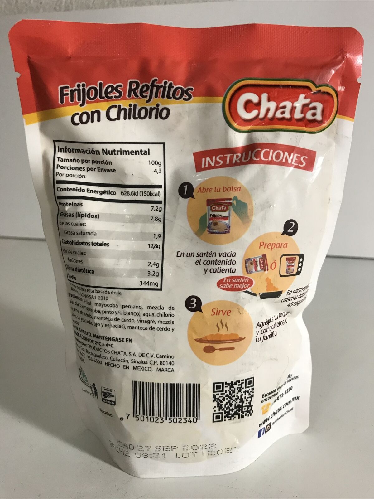 4-Pack Chata Refried Beans W/Chilorio / Frijoles Refritos C/Chilorio 430g/15oz