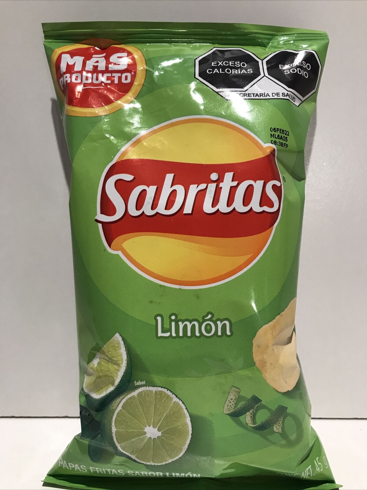 6-Pk Sabritas Potato Chips Lime Flavor / Sabritas Limon 45gr/1.59oz ea.