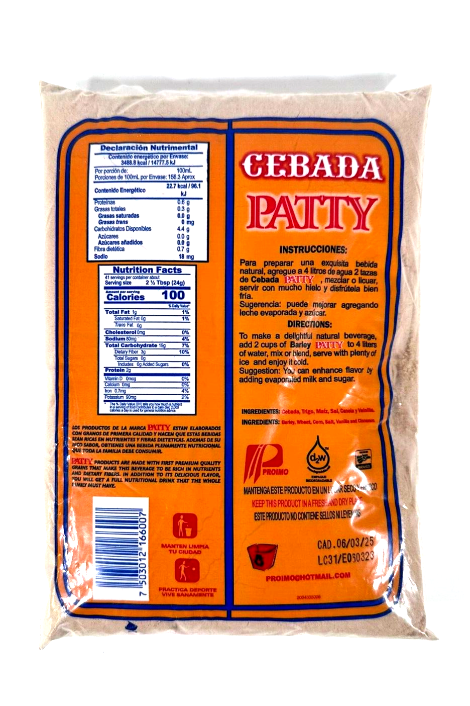 Barley Drink Mix Patty Cebada  1Kg/35.2 Oz