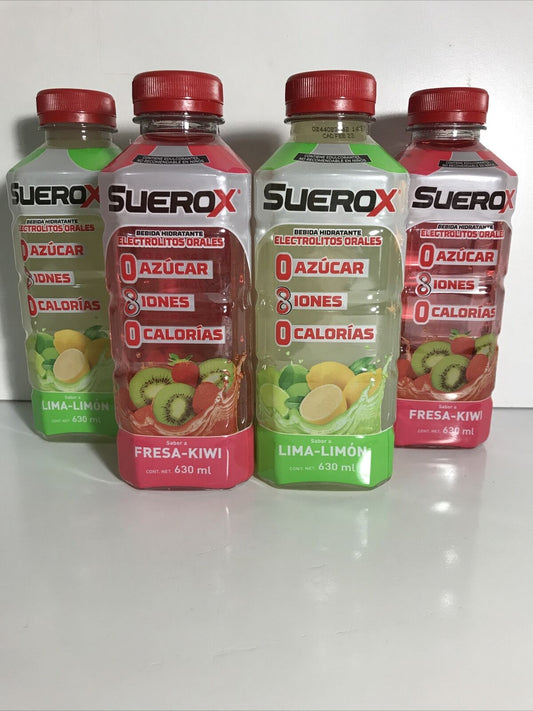 4-Pack Suerox Electrolyte beverage / Suerox Hidratante Fresa, Lima 630ml/21.30Z